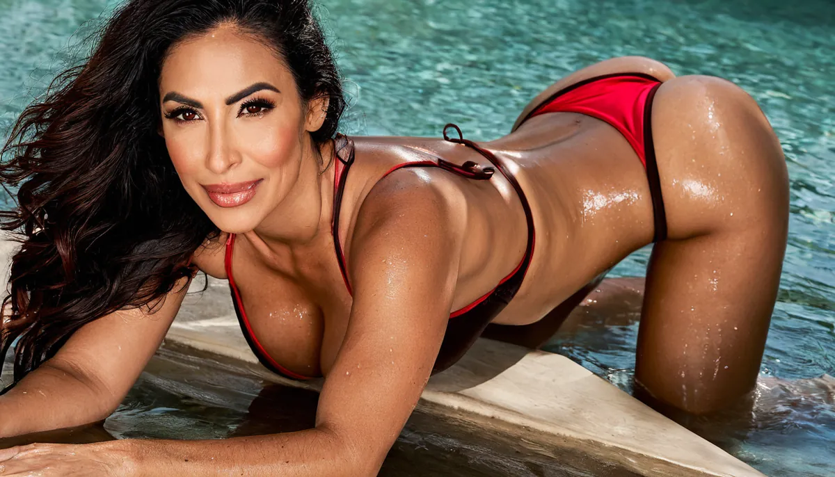 Woman with long dark hair in a red bikini at the edge of a pool, AI-generated decorative image